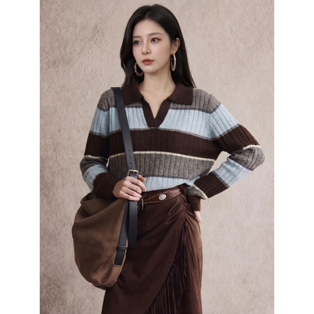 CocoHerben新款条纹撞色针织衫女士毛衣轻奢时尚百搭上衣HBT0795