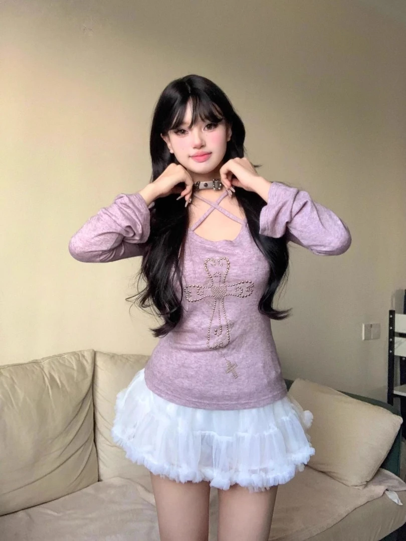 辣妹Y2K千禧紫色交叉十字架烫钻长袖T恤女秋收腰朋克显瘦打底衫
