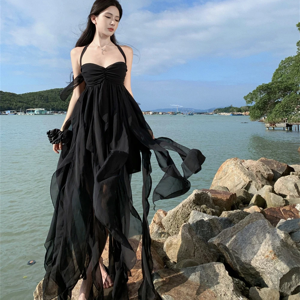 现货2024度假超仙长裙名媛挂脖抹胸露背不规则雪纺性感连衣裙感