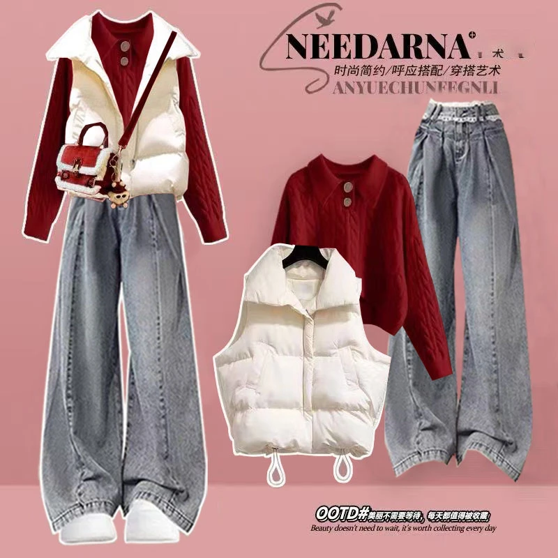 冬季套装女2025新款圣诞节新年红色毛衣马甲棉服牛仔阔腿裤三件套
