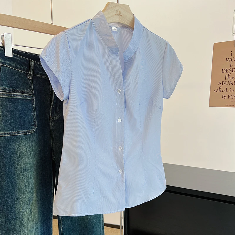 韩系蓝色条纹衬衣女夏季洋气外穿高级百搭职业通勤甜美衬衫上衣潮