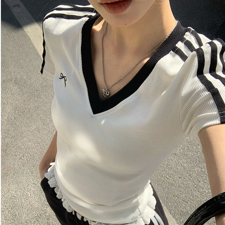 蝴蝶结V领白色正肩短袖t恤女夏季新款收腰修身短款洋气衣服女T恤