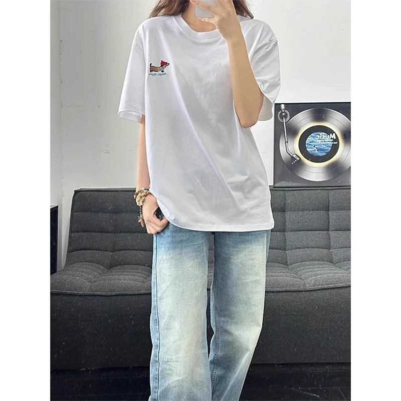 白色刺绣短袖男夏季美式cleanfit重磅腊肠狗刺绣t恤潮牌情侣半袖