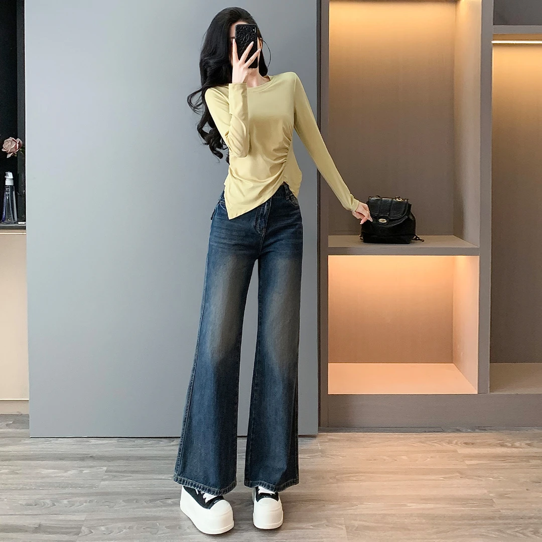 女春穿搭时尚气质套装圆领不规则褶皱设计长袖上衣阔腿长裤两件套