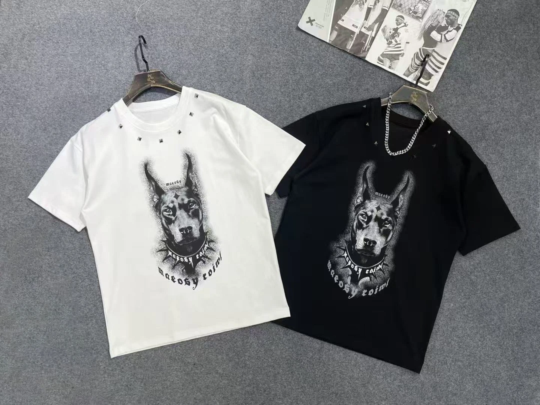 12013#潮牌烫钻杜宾重工袖T恤潮宽松韩版落肩半袖t恤