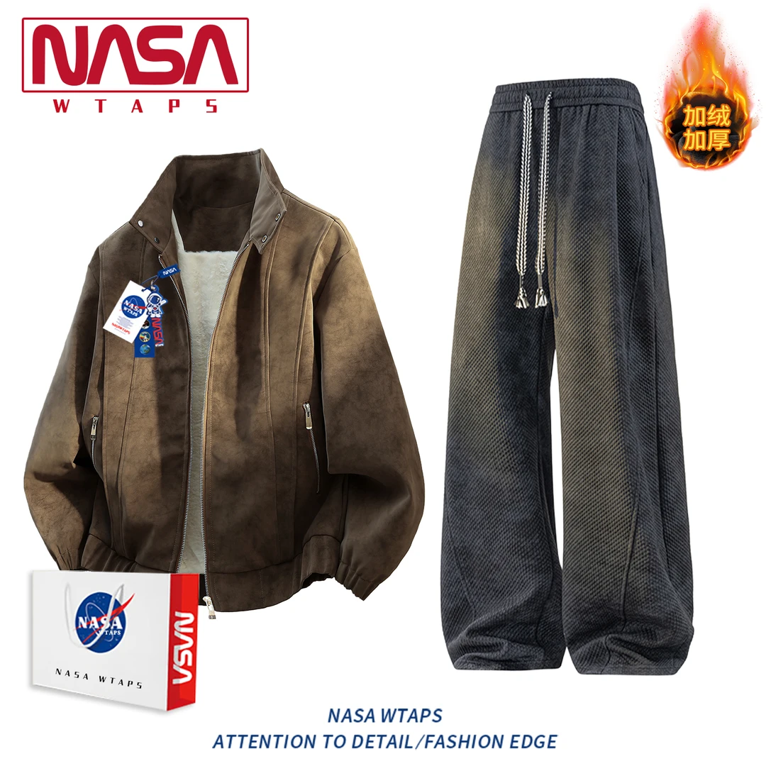 NASA WTAPS美式复古夹克套装男士秋冬加绒保暖男装休闲裤子两件套