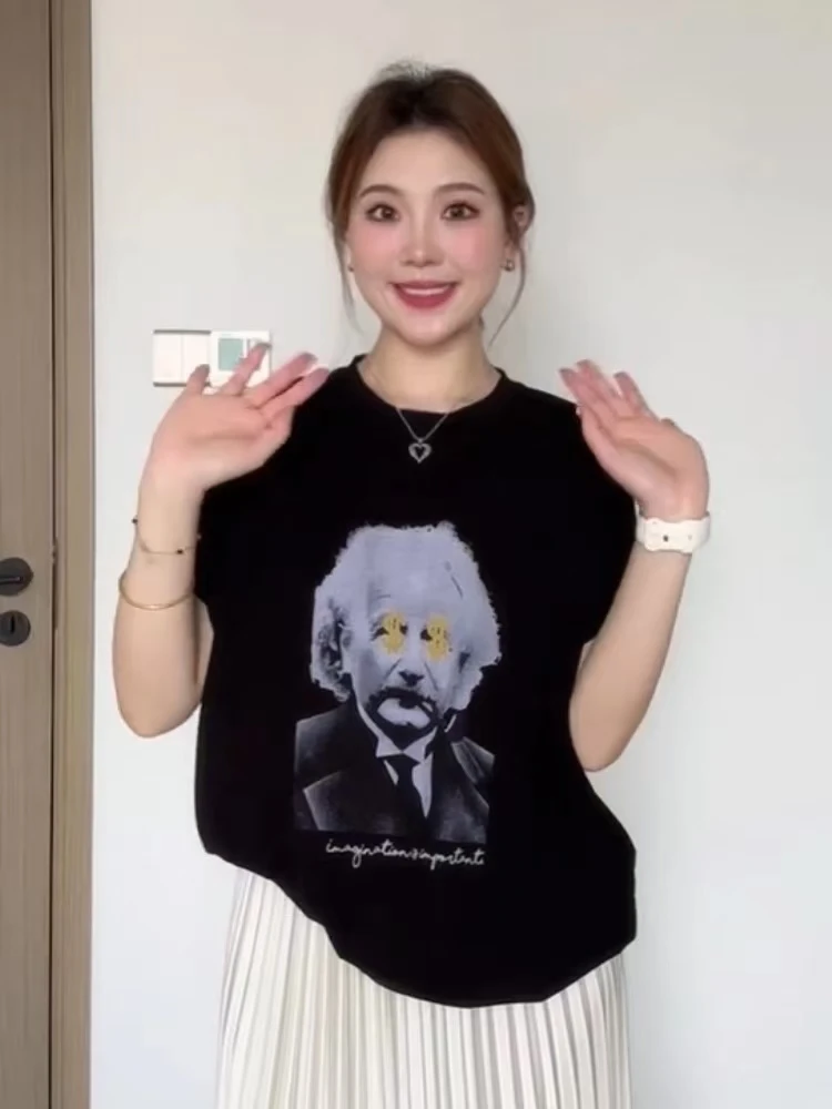 今年流行的女装夏季显瘦黑色爱因斯坦印花t恤高级小众不撞衫上衣