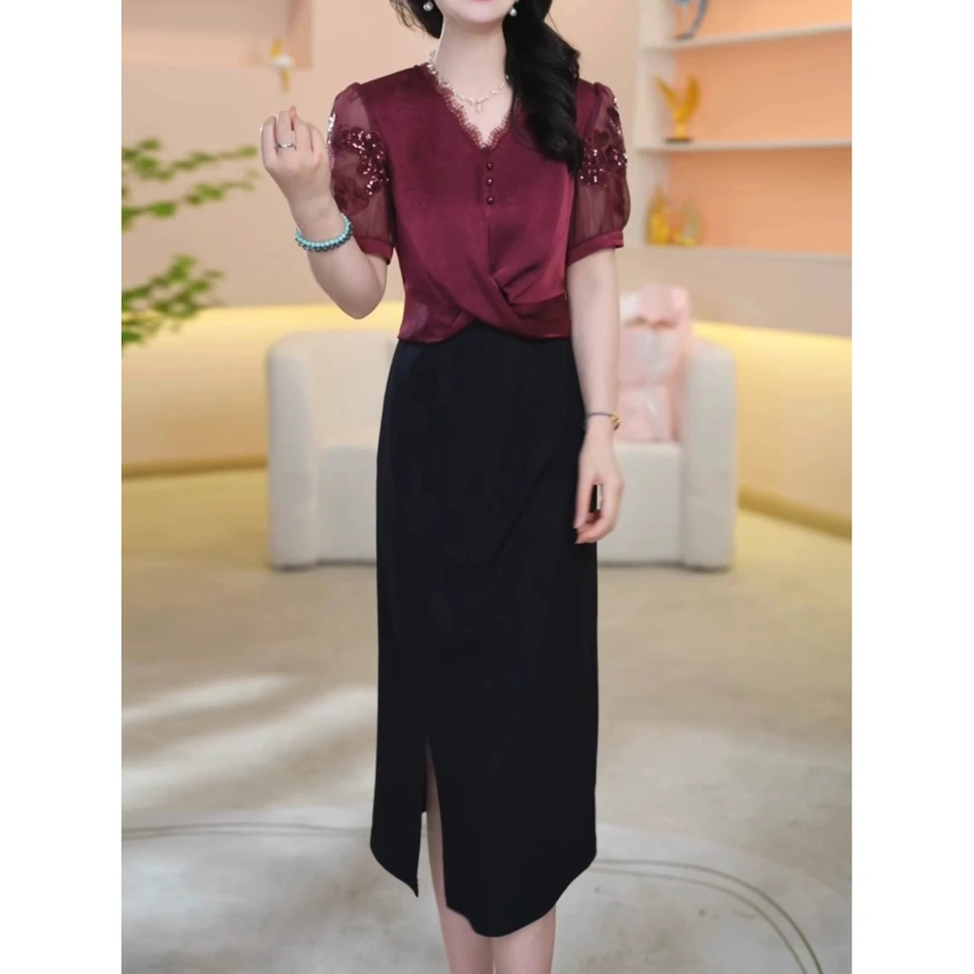 高级冰丝缎气质阔太太优雅礼服裙2025夏新款喜婆婆时尚减龄连衣裙