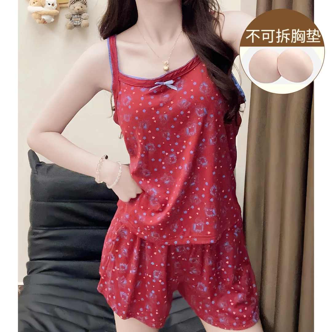 红色睡衣女夏季带胸垫性感吊带少女莫代尔2025新款家居服套装