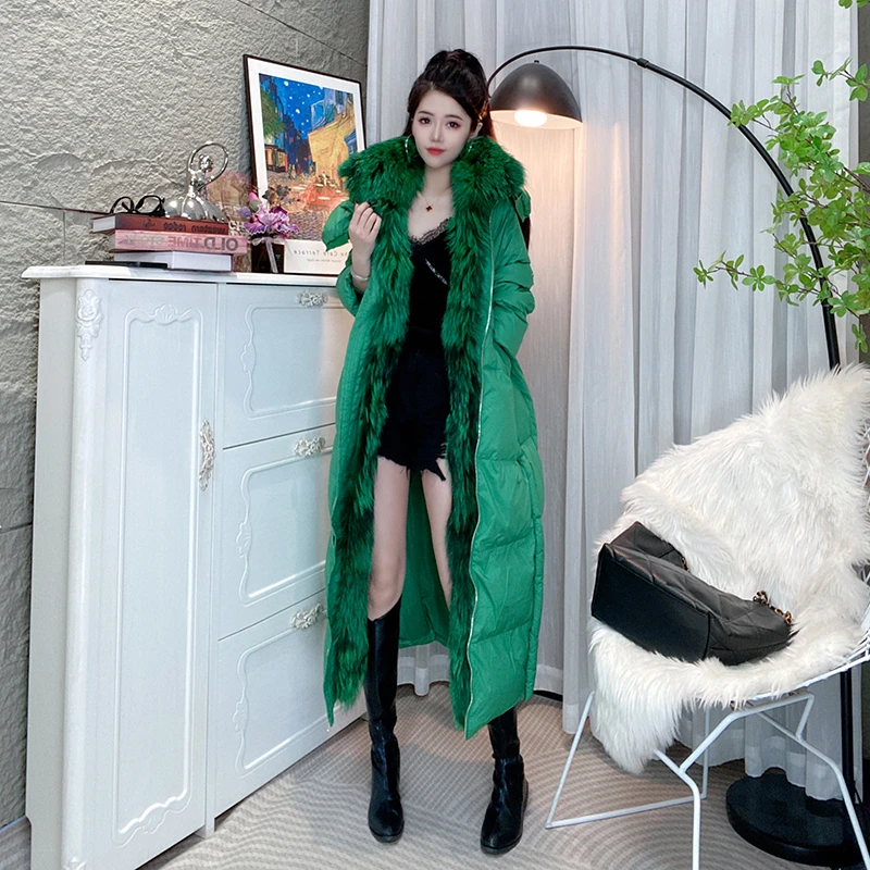 Bikamo/比卡陌冬季连帽拼接亮片大毛领白鹅绒羽绒服 P0056绿色