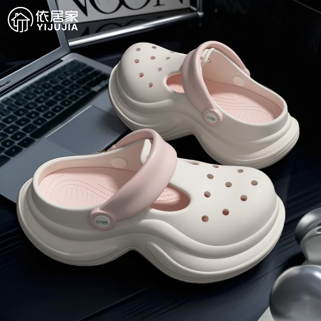 依居家休闲高跟厚底透气洞洞鞋休闲风软底纯色注压女学生