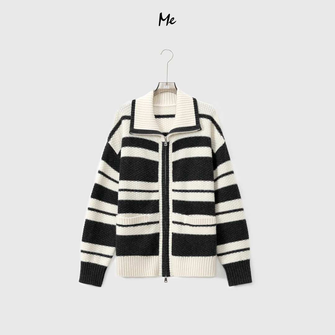 ME【慢生活】绵羊毛混纺双拉头拉链针织条纹长袖立领毛衣MEQA2571
