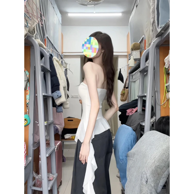 夏季不规则飘逸流苏设计感修身百搭抹胸上衣直筒宽松休闲阔腿裤女