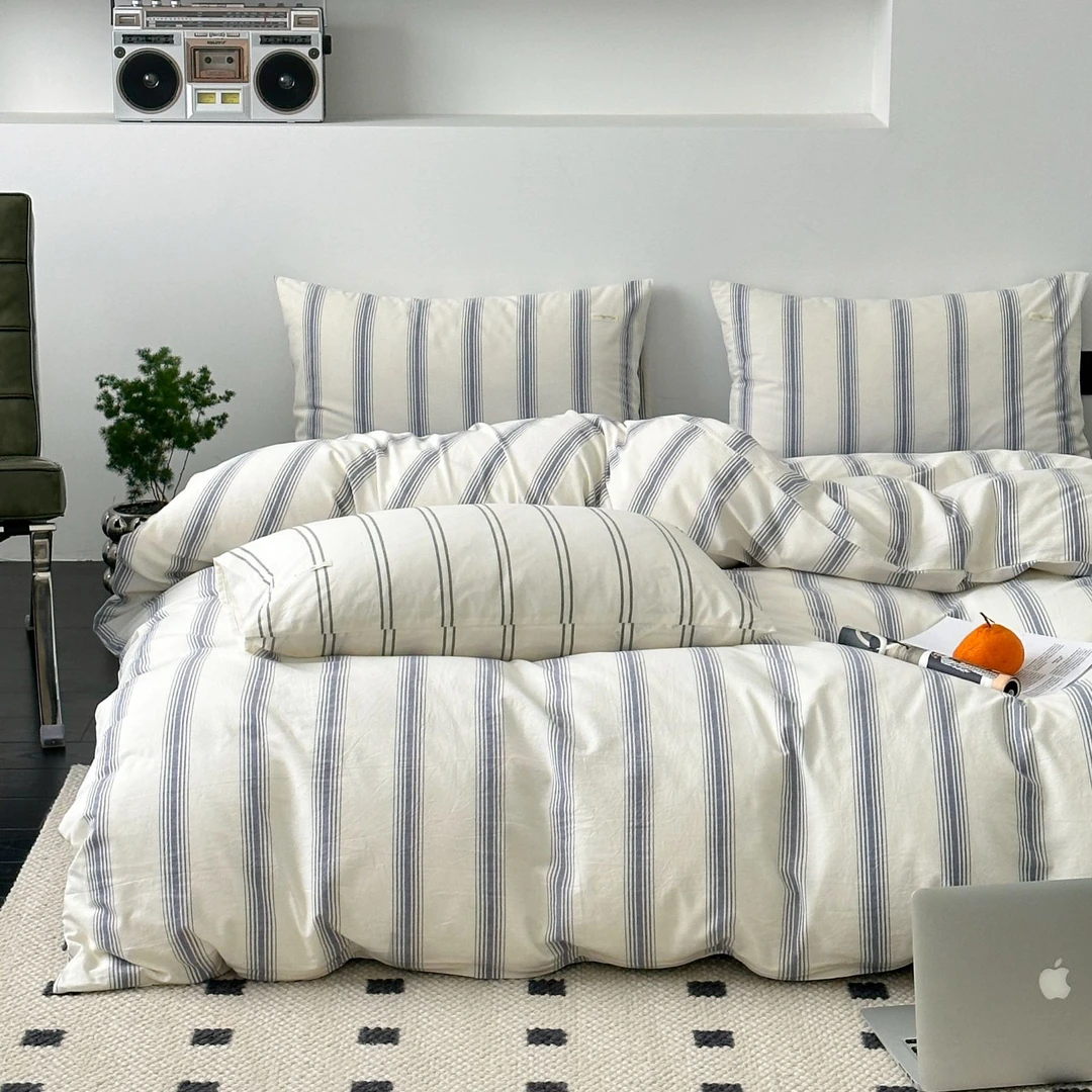 日式条纹全棉色织水洗棉床上用品四件套学生宿舍单人三件套中古风