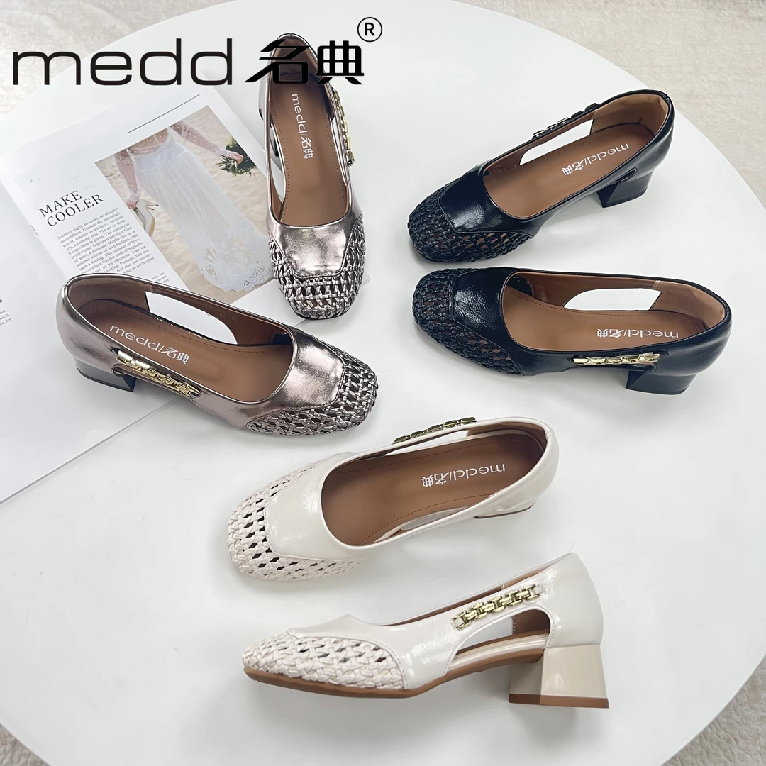MEDD/名典夏季新款单鞋手工高定编制镂空透气单鞋粗跟法式小方头