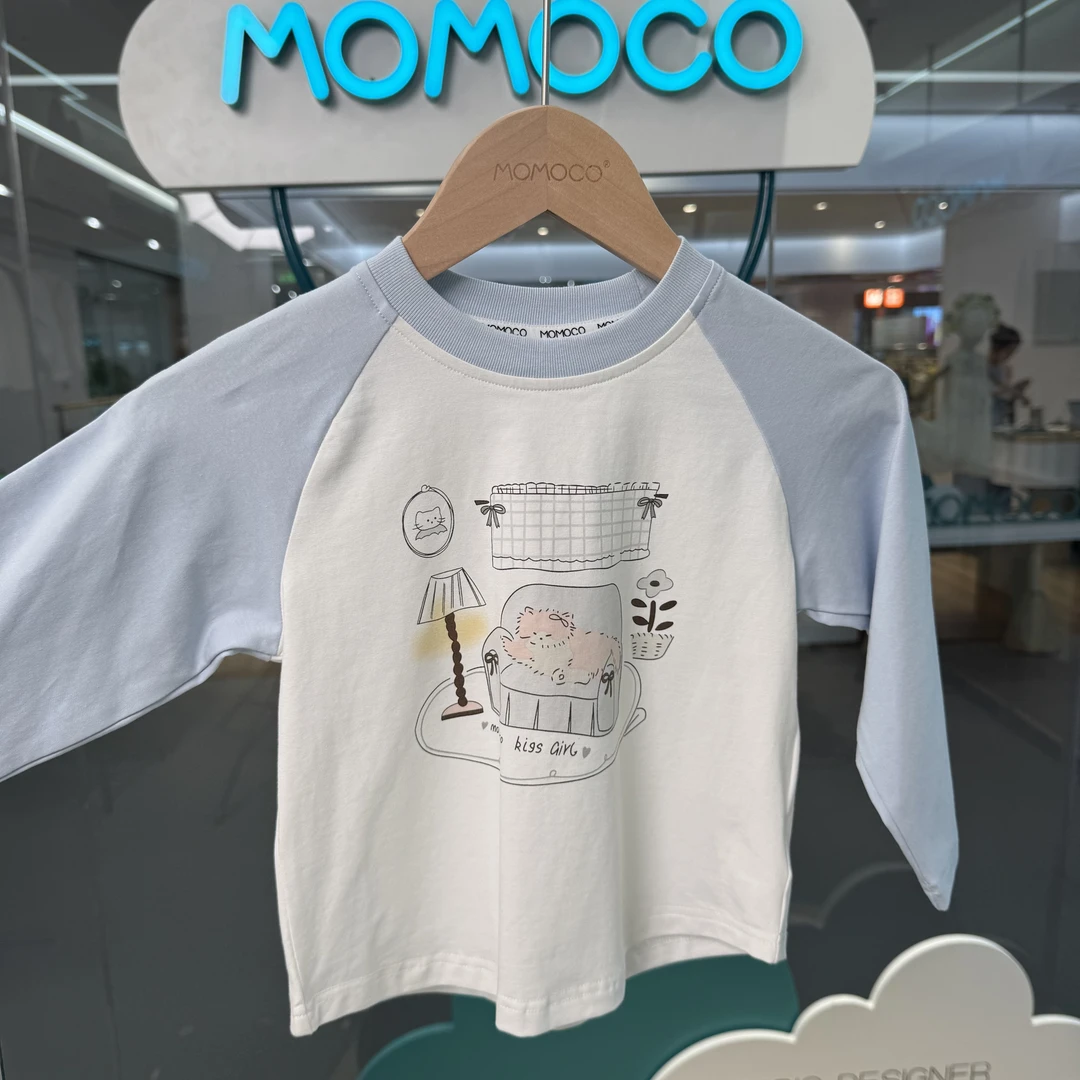 MOMOCO玛米玛卡女童秋季新款蓝色居家小猫时尚圆领长袖40367-2
