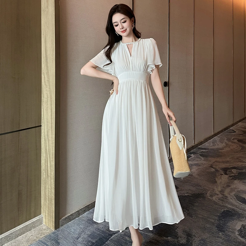 不褪色法式夏季修身V领连衣裙显瘦方领温柔设计感复古中长款70787