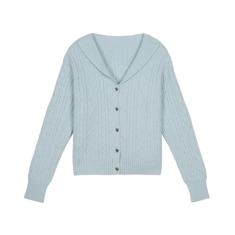 CacheCache甜美娃娃领麻花毛衣女新款纯色宽松显瘦针织开衫