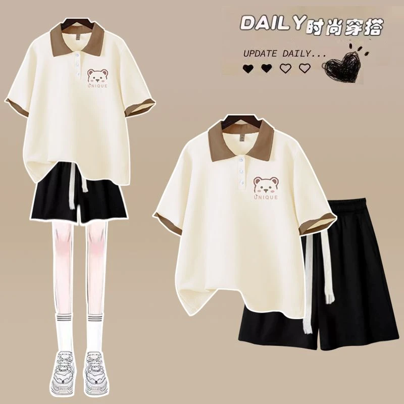 女童夏季套装2025韩版宽松学院风中大童Polo衫上衣+五分裤两件套
