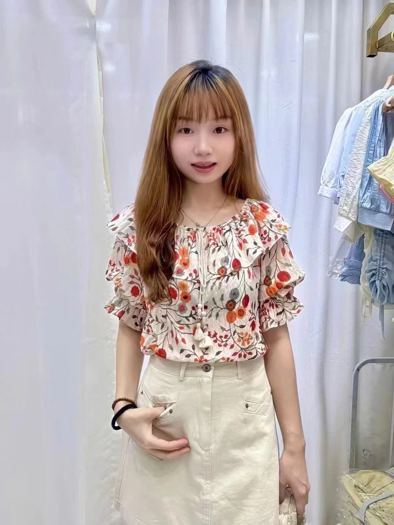（清凉一夏）夏季小清新碎花上衣气质洋气凉凉短袖麻纺上衣女士