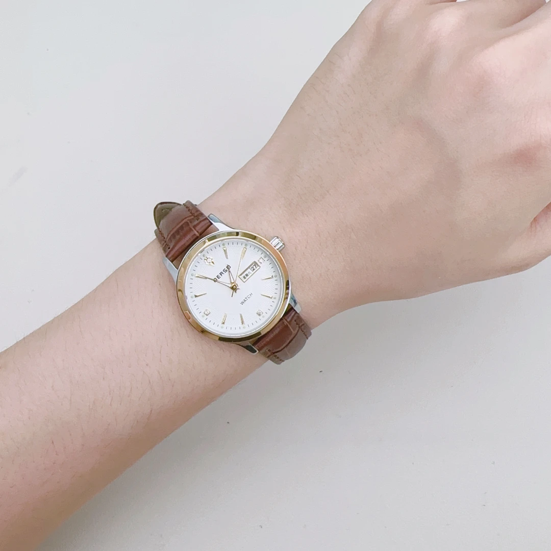 耐尔斯顿进口石英复古夜光防水日历简约牛皮带腕表女款间金色