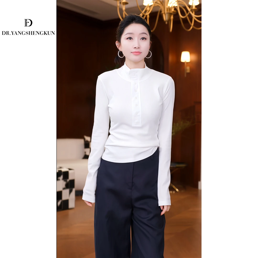 杨圣坤气质修身半高领长袖T恤高级感时髦百搭女士上衣XM2501-0503