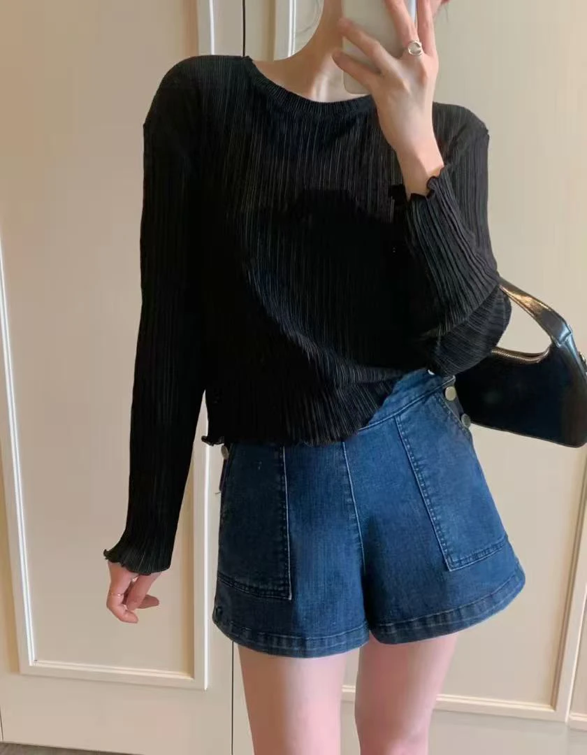 2025韩代女款时尚简约风琴褶皱上衣弹力舒适