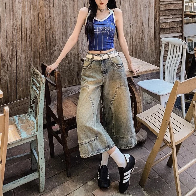 微胖mm美式复古做旧七分牛仔中裤女夏季新款阔腿高腰小个子直筒裤