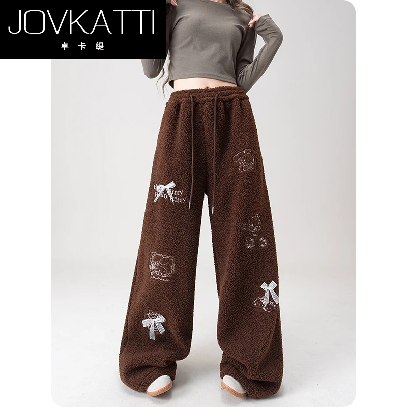 Jovkatti卓卡缇加绒直筒阔腿裤子女秋冬甜美绣花可束脚宽松休闲裤