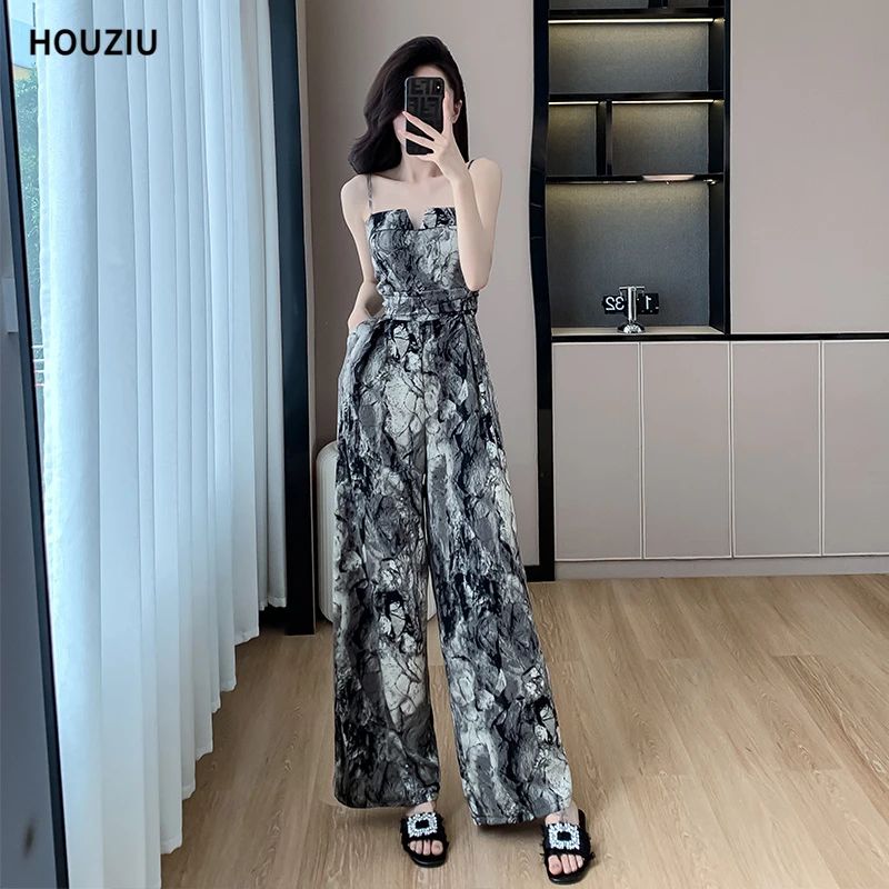 出游春夏收腰连体裤2025新款薄款高级感阔腿裤水墨扎染吊带连体衣