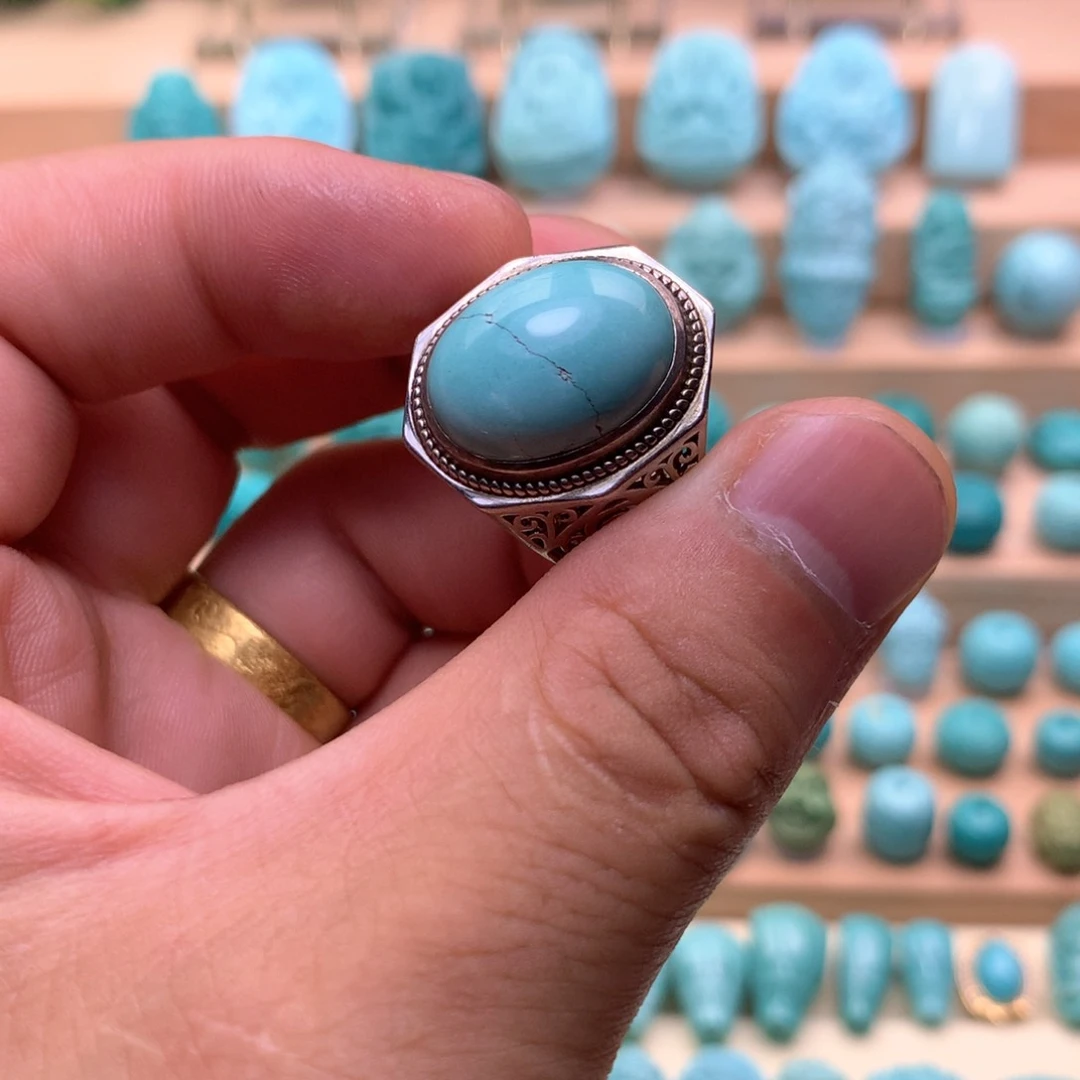 绿松石银S925镶嵌原矿绿松石男生戒指