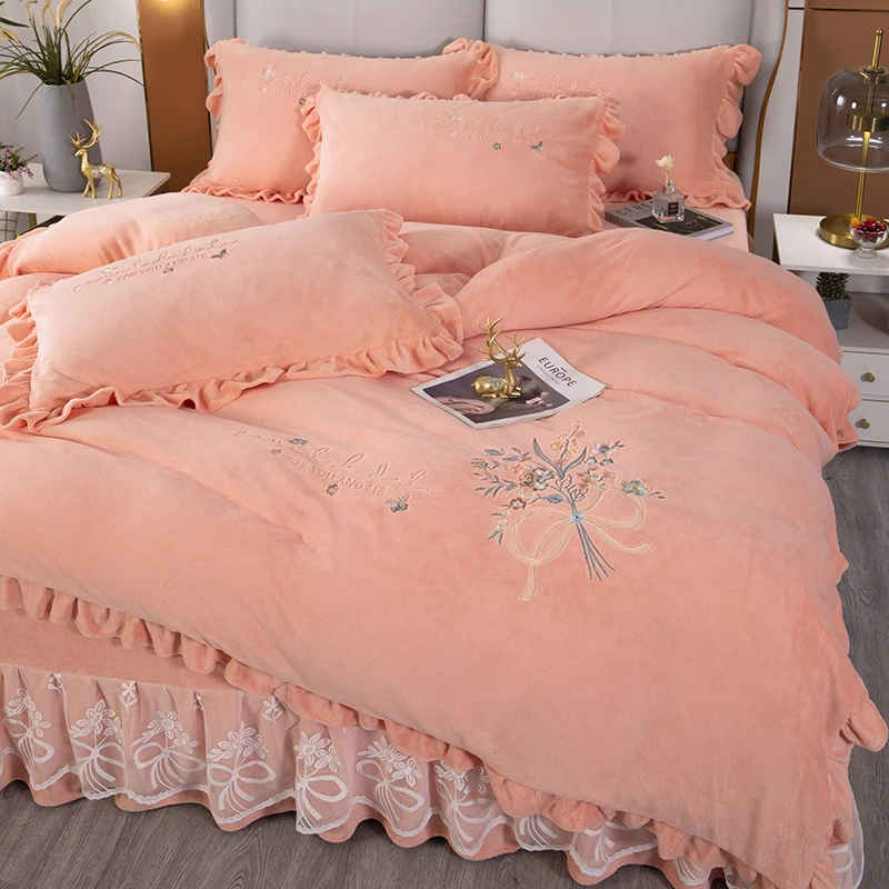 新品韩版双面绒加绒刺绣牛奶床品套件冬公主风床盖四件套床裙奶绒