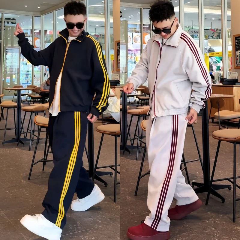 秋季爆款美式撞色三条杠休闲运动套装男立领长袖外套休闲裤两件套