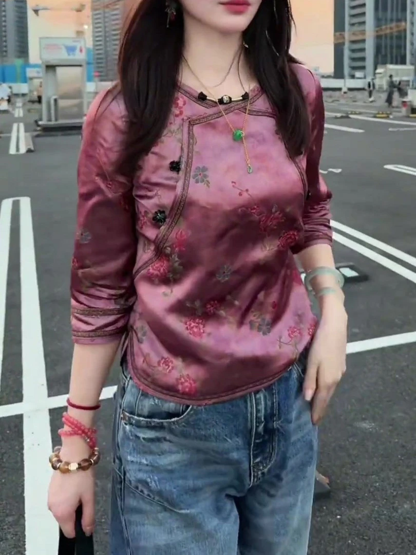改良国风印花超好看盘扣上衣2025秋季新款新中式斜襟七分袖小衫女