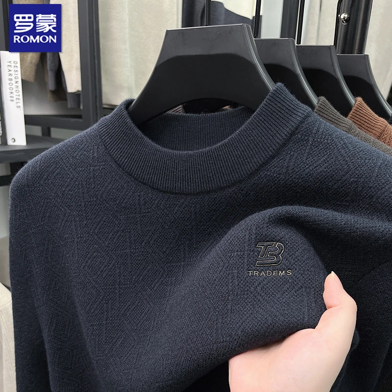 罗蒙【一体绒】男士秋冬季加厚保暖圆领针织衫毛衣休闲柔软打底衫男