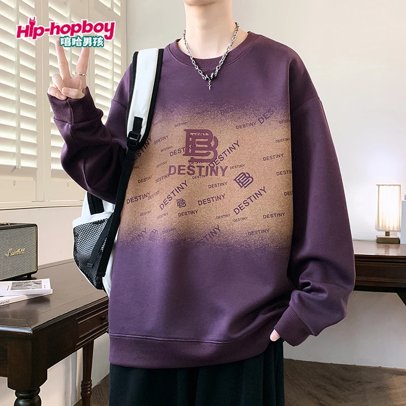 嘻哈男孩圆领春秋长袖渐变卫衣百搭休闲潮流韩版宽松上衣打底衫
