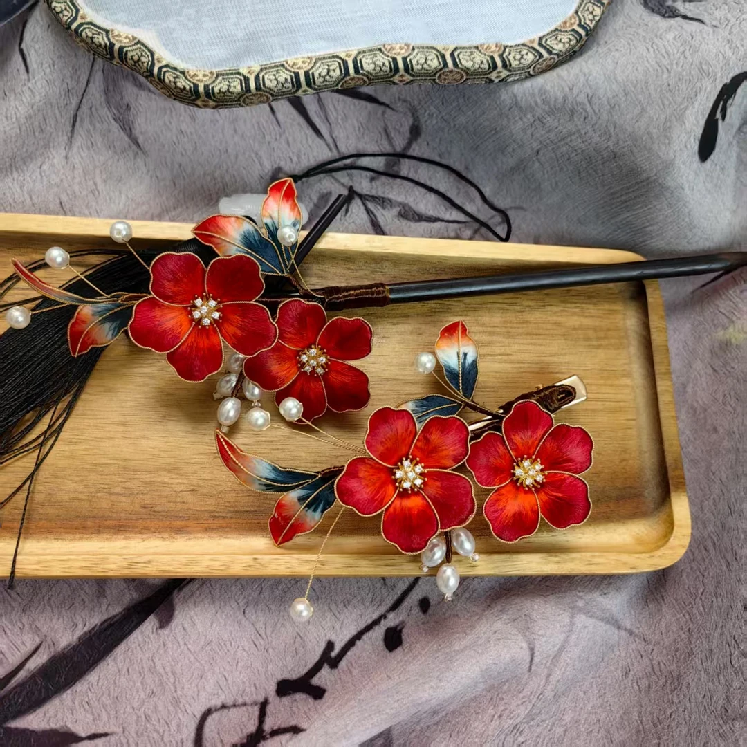 非遗绒花汉服旗袍旗袍配饰【红色边夹簪子】