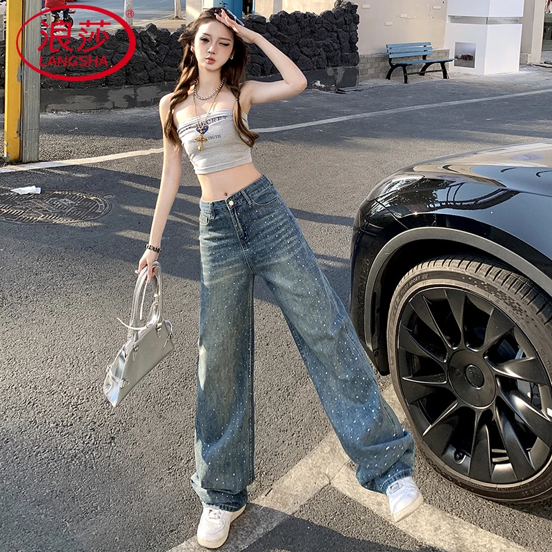 烫钻阔腿夏季超柔软牛仔直筒宽松舒适牛仔裤女显瘦垂顺直筒裤百搭