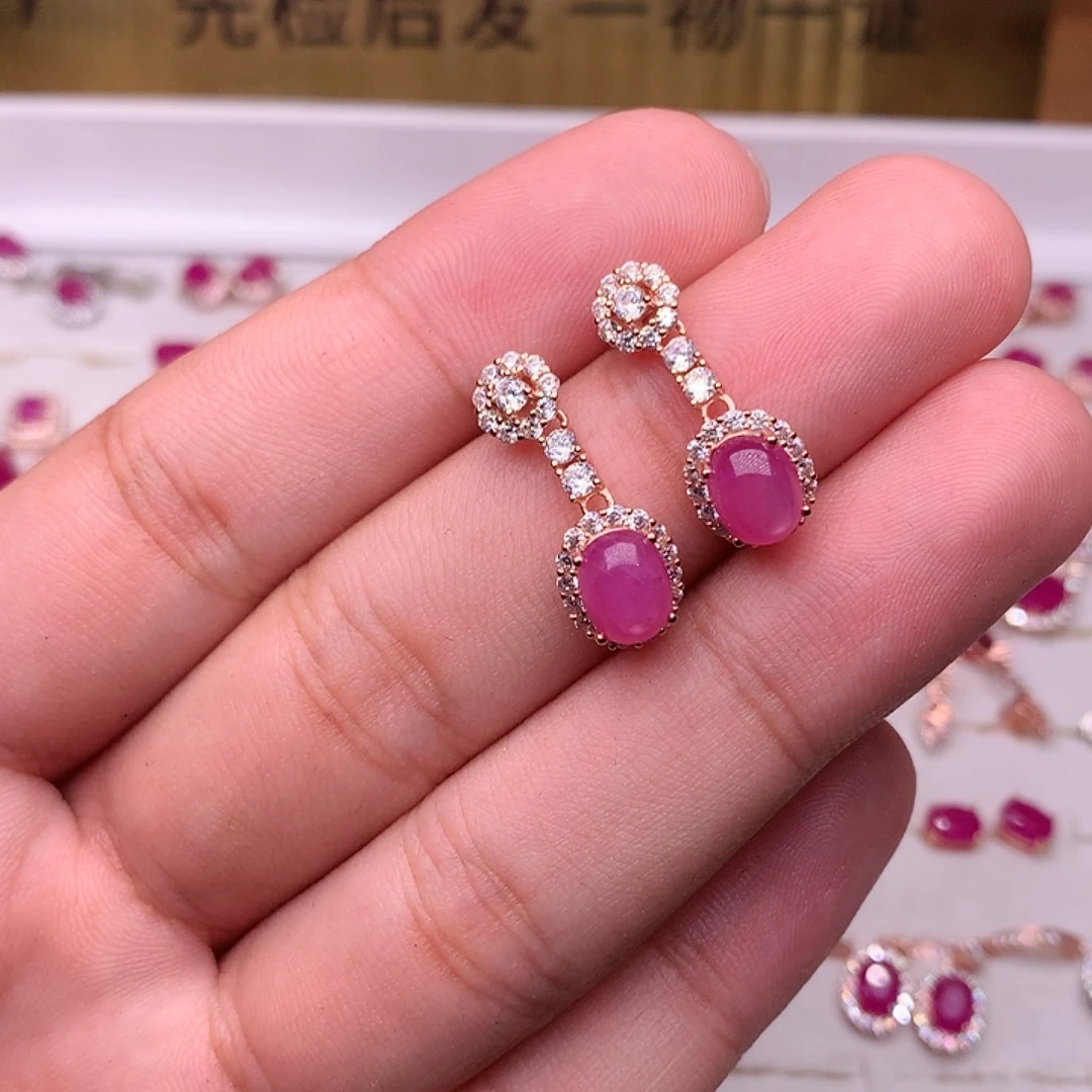 红宝石耳饰银S925镶嵌