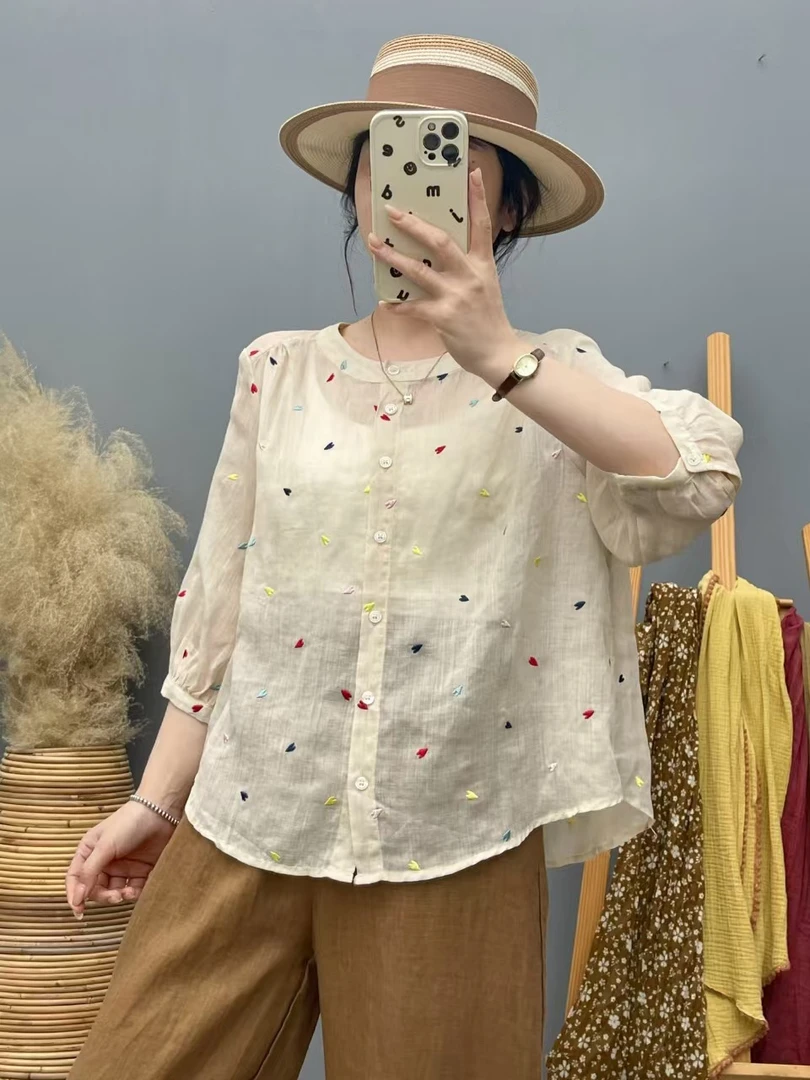 纯苎麻爱心刺绣百搭宽松圆领衬衫夏季新款