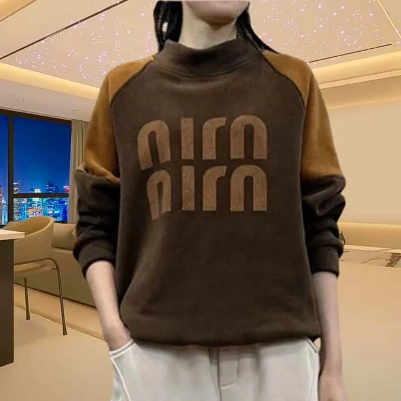 新款加绒加厚印花休闲百搭洋气减龄半高领气质拼接卫衣女上衣