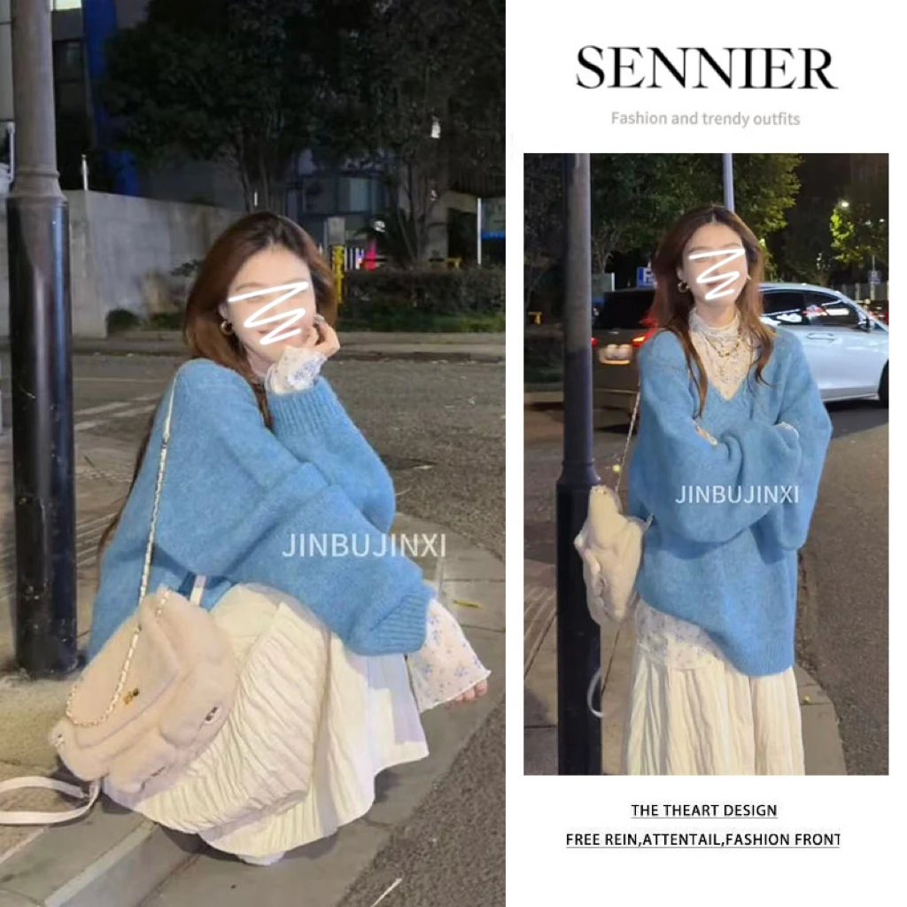 【现货】秋冬穿搭女2025新款宽松长袖针织衫半高领打底半身裙三件套