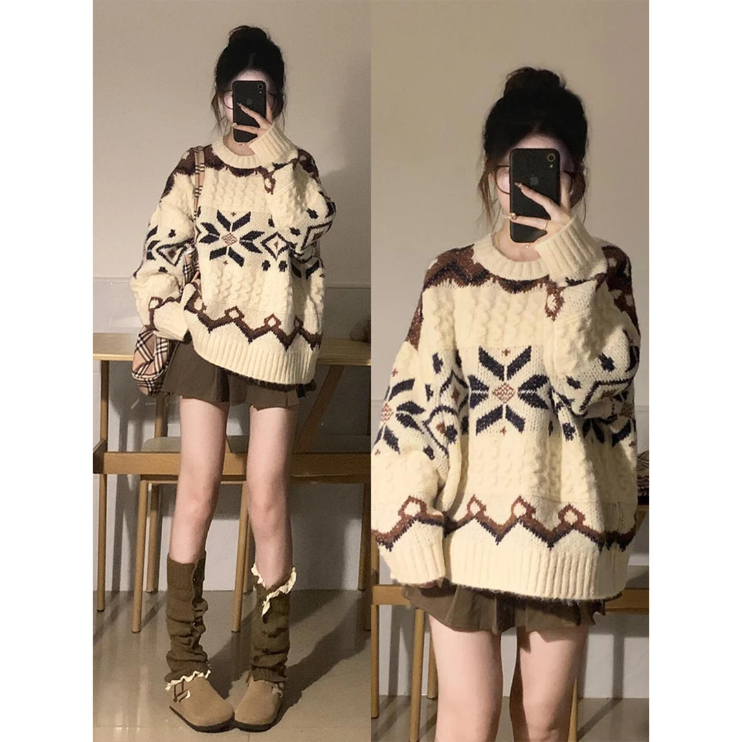 费尔岛毛衣女秋冬季加厚宽松慵懒风设计感套头针织衫圣诞穿搭外套