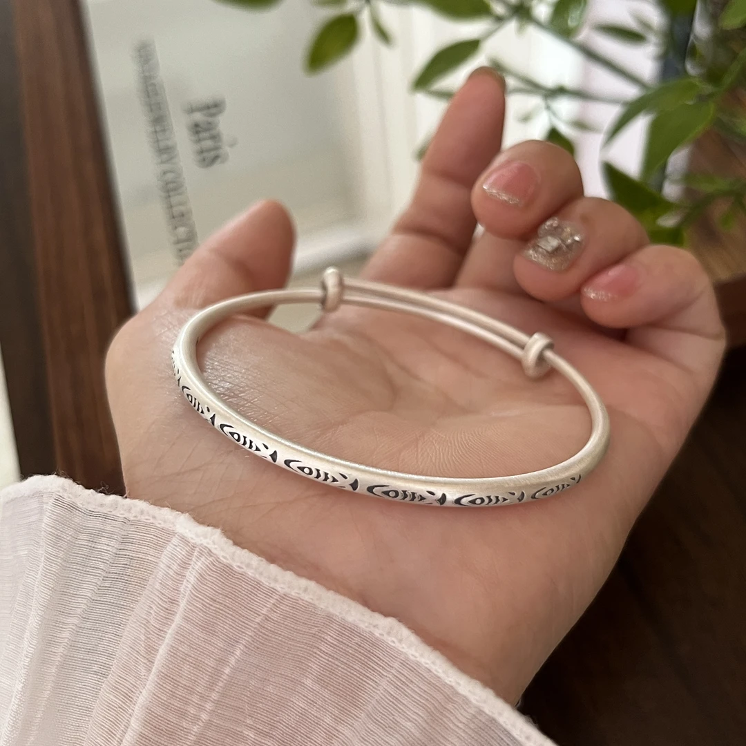 足银手镯 古法小鱼银手镯复古实心推拉款年轻款简约百搭足银999