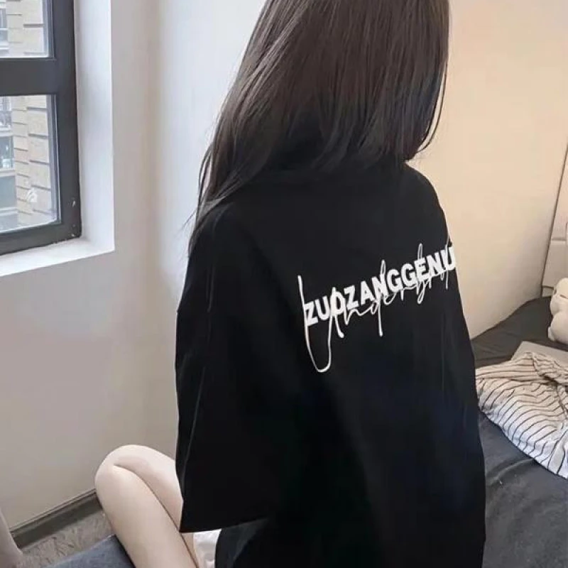 YOYO260克纯棉男女简约前后字母线条短袖T恤圆领高街美式黑色上衣