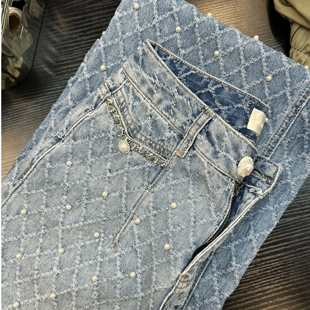 DOUMI【香香牛仔】满身格纹点点珠珠牛仔裤