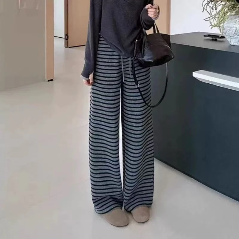 小雅姐姐 春季条纹慵懒松紧腰抽绳百搭休闲阔腿裤IN58