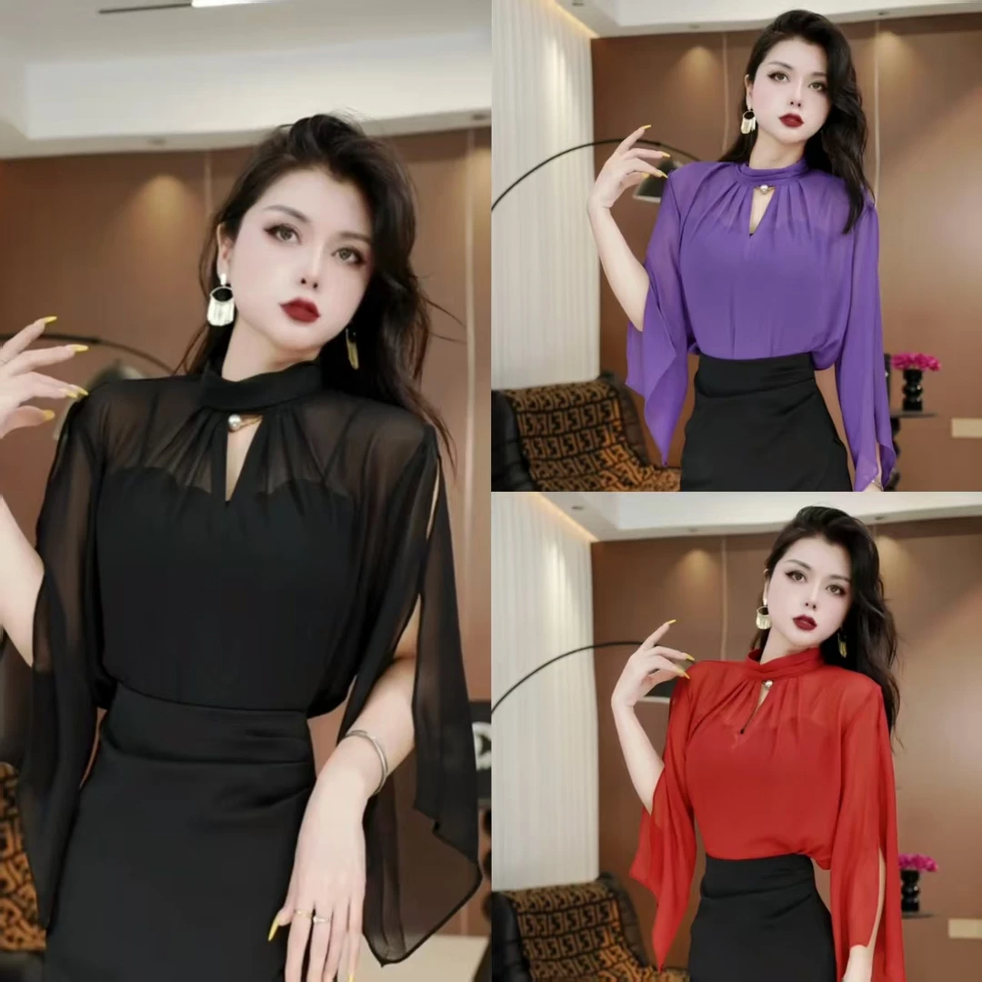 2025夏季新款时尚百搭设计款V领网纱镂空上衣女241