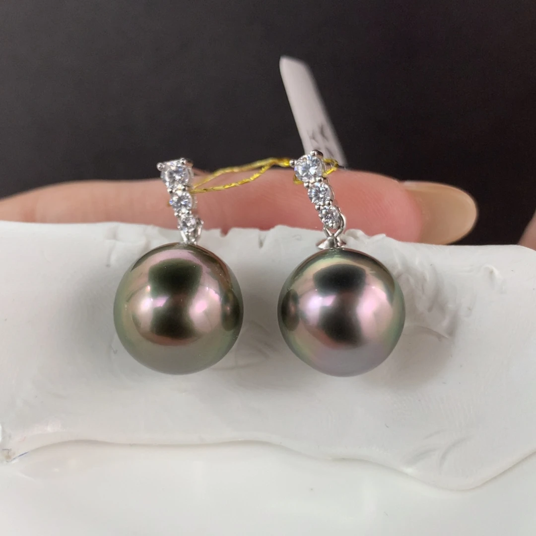 定制海水珍珠银S925镶嵌耳饰大溪地绿皮红心11-12mm