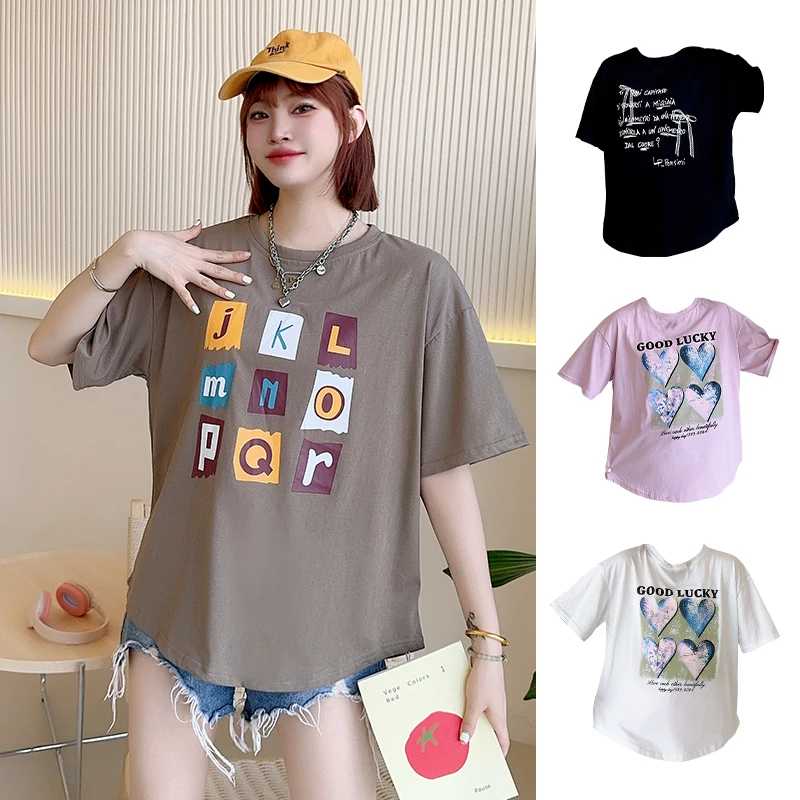 雅丝平2025净色圆领印花春夏季新款设计感半袖宽松显瘦短袖T恤C56